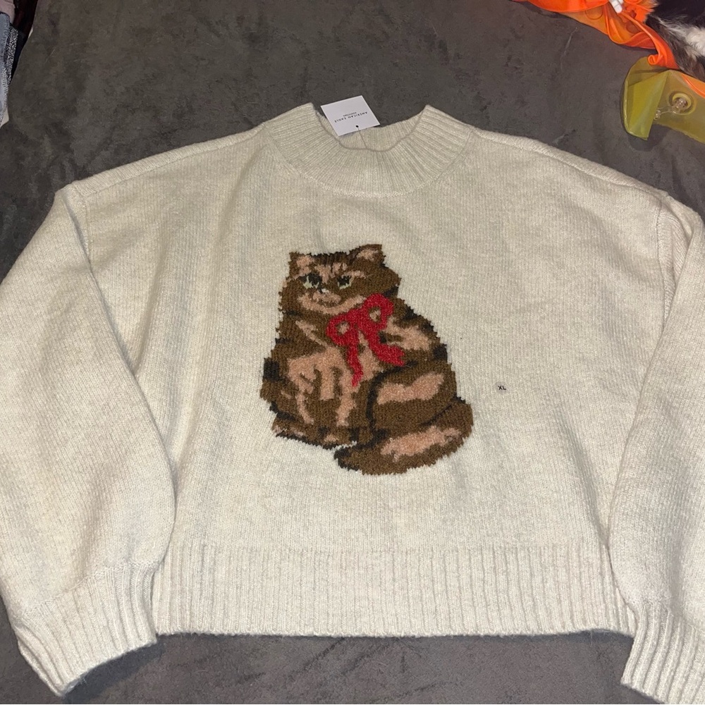 American Eagle Outfitters Cream Sweater with Brown Cat and Red Bow